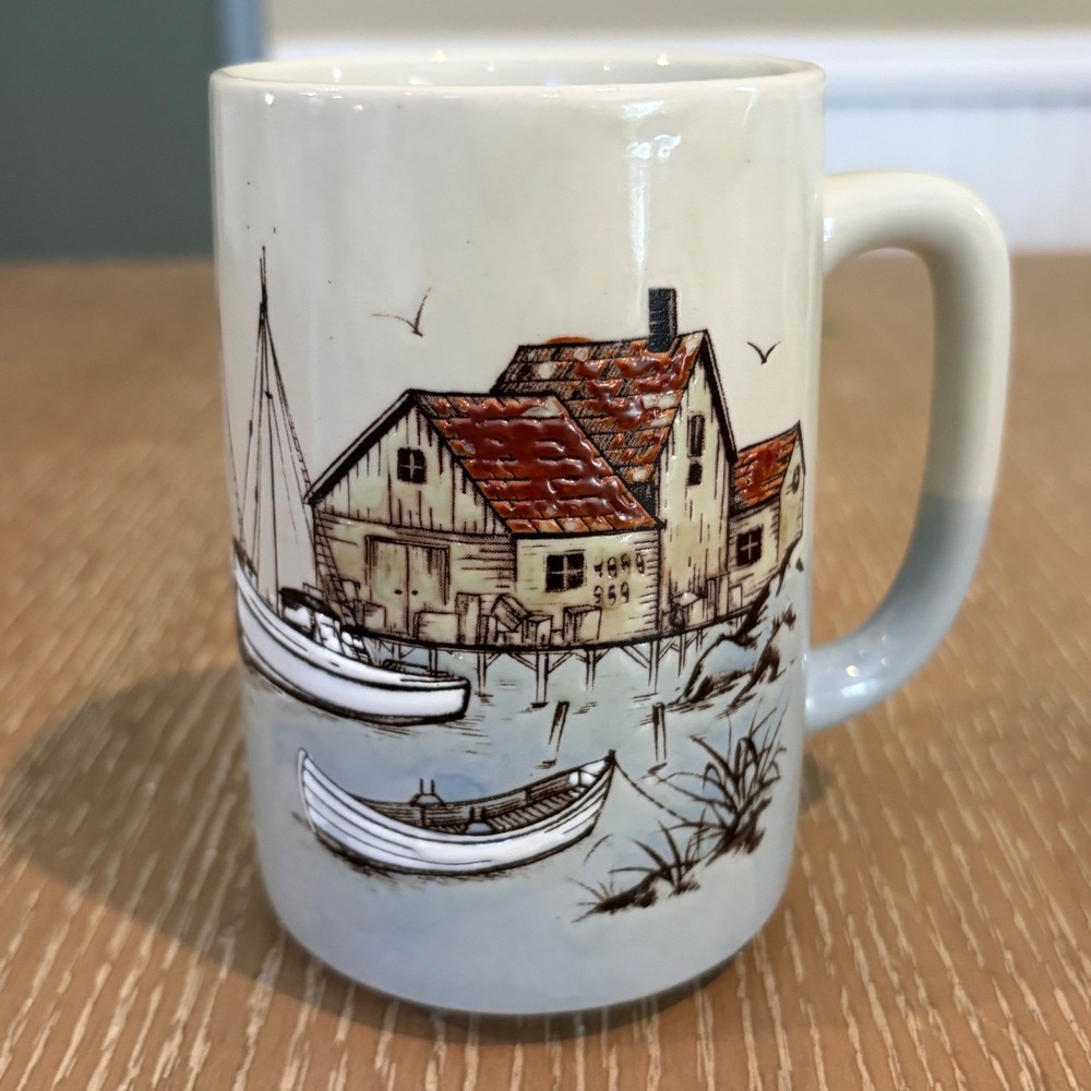 Vintage Otagiri Nautical Seaside Fishing Village Coffee Mug Embossed Japan